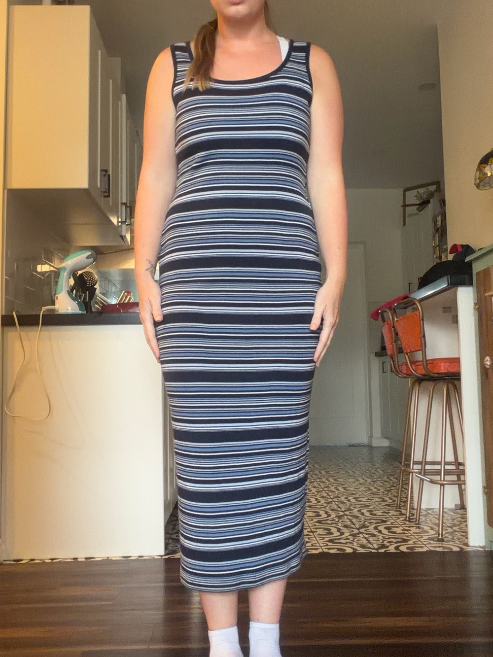 90s vintage Sleeveless Striped Maxi Dress - Navy/Gray - Picture 12 of 15